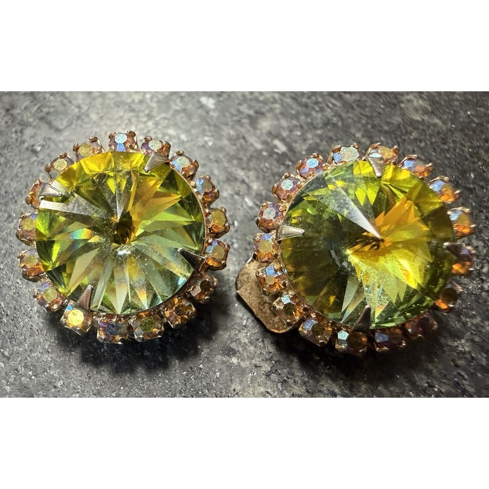 Juliana D&E Olivine Styled Chartreuse Green Rivoli Rhinestone Clip Earrings